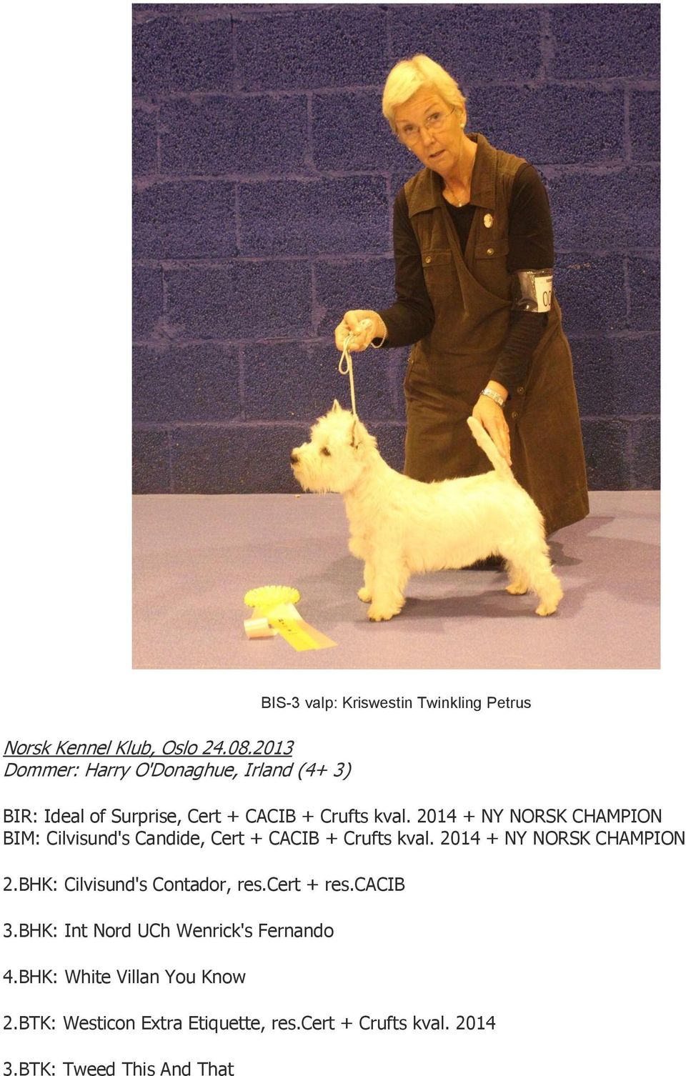 CACIB + Crufts kval. 2014 + NY NORSK CHAMPION BIM: Cilvisund's Candide, Cert + CACIB + Crufts kval.