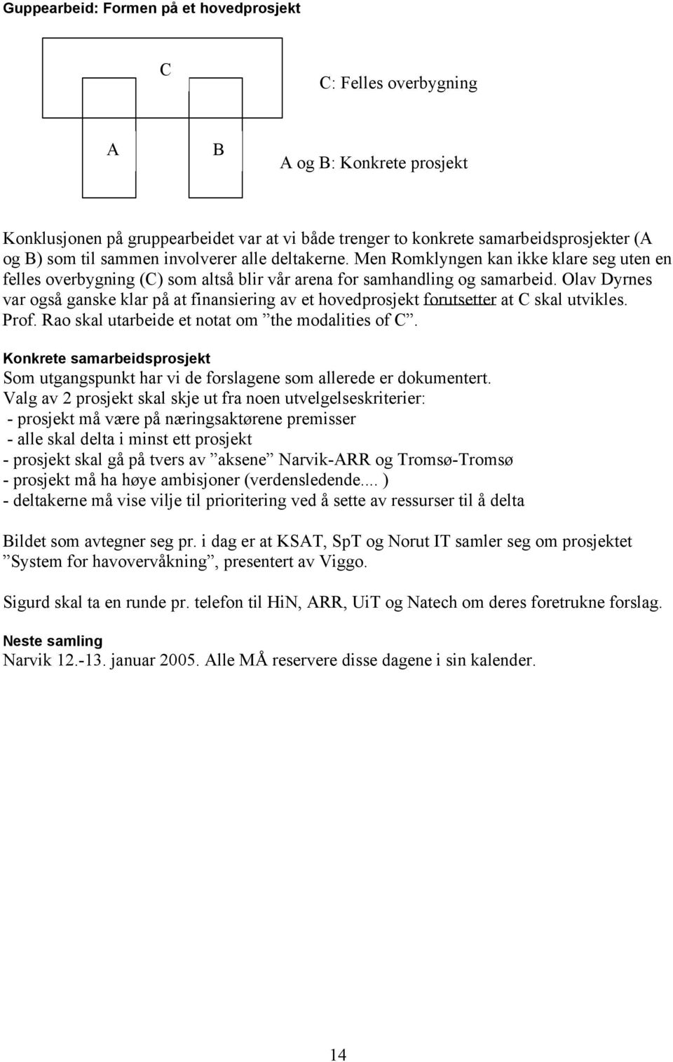 Olav Dyrnes var også ganske klar på at finansiering av et hovedprosjekt forutsetter at C skal utvikles. Prof. Rao skal utarbeide et notat om the modalities of C.