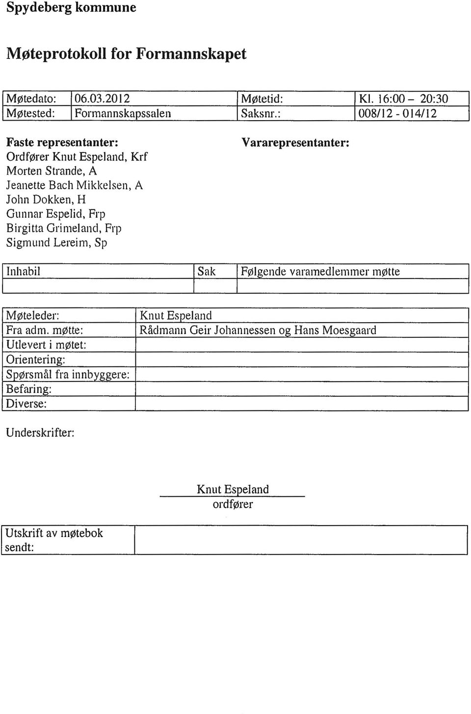 Gunnar Espelid, Frp Birgitta Grimeland, Frp Sigmund Lereim, Sp Vararepresentanter: Inhabil Møteleder: Fra adm.