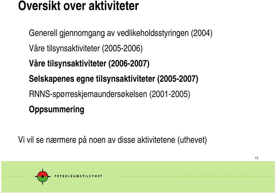 Selskapenes egne tilsynsaktiviteter (2005-2007) RNNS-spørreskjemaundersøkelsen