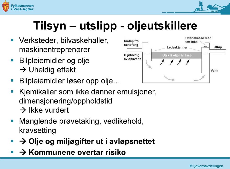 ikke danner emulsjoner, dimensjonering/oppholdstid Ikke vurdert Manglende