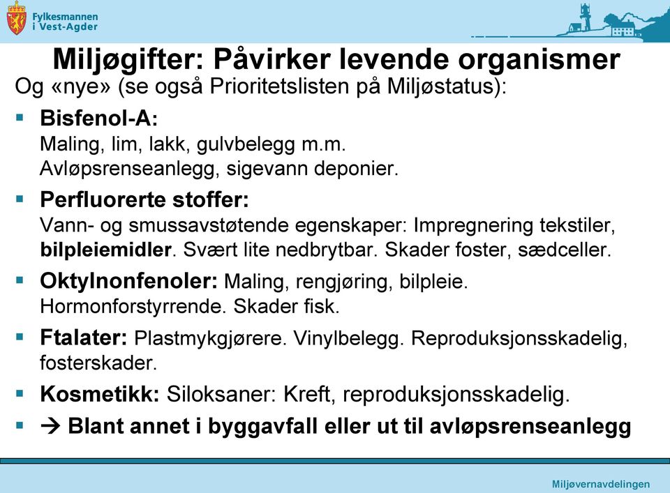 Oktylnonfenoler: Maling, rengjøring, bilpleie. Hormonforstyrrende. Skader fisk. Ftalater: Plastmykgjørere. Vinylbelegg.