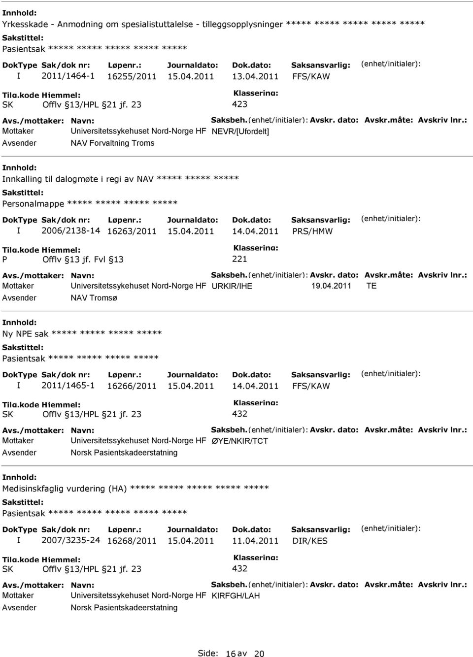 : Mottaker niversitetssykehuset Nord-Norge HF NEVR/[fordelt] NAV Forvaltning Troms nnkalling til dalogmøte i regi av NAV ***** ***** ***** ersonalmappe ***** ***** ***** ***** 2006/2138-14 16263/2011