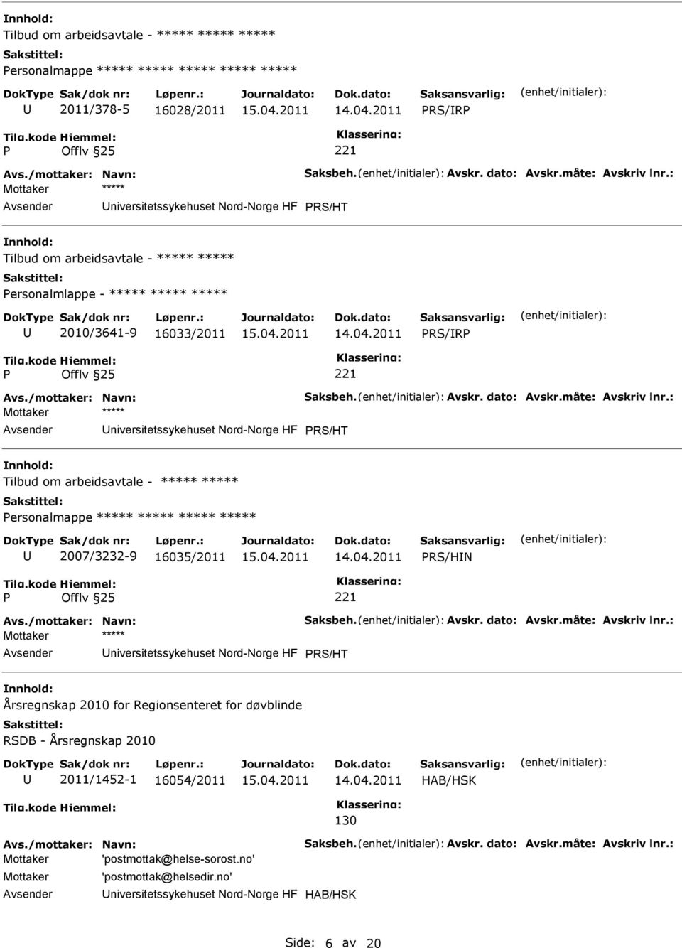 måte: Avskriv lnr.: niversitetssykehuset Nord-Norge HF RS/HT Tilbud om arbeidsavtale - ***** ***** ersonalmappe ***** ***** ***** ***** 2007/3232-9 16035/2011 RS/HN Avs./mottaker: Navn: Saksbeh.