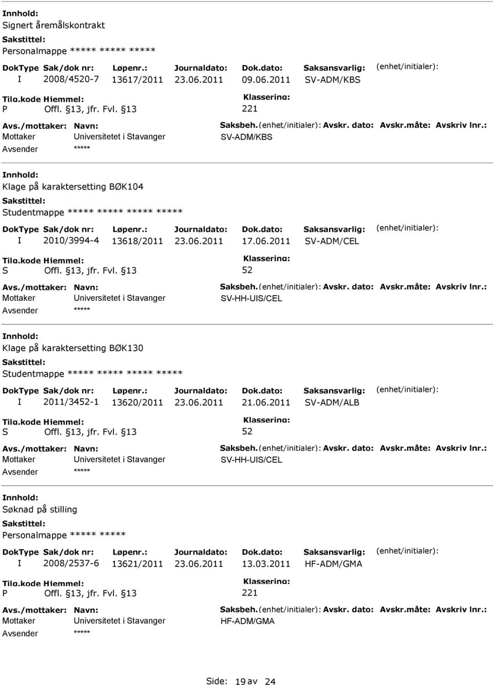 13618/2011 V-ADM/CEL Mottaker niversitetet i tavanger V-HH-/CEL ***** Klage på karaktersetting BØK130 tudentmappe ***** ***** ***** ***** 2011/34-1