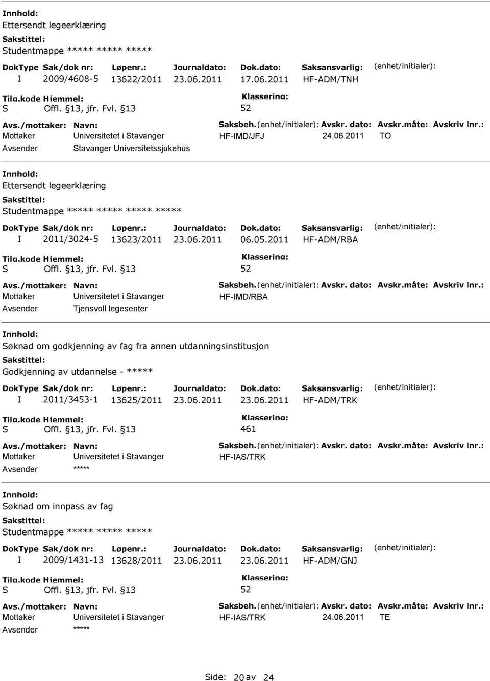 2011 HF-ADM/RBA Mottaker niversitetet i tavanger HF-MD/RBA Tjensvoll legesenter øknad om godkjenning av fag fra annen utdanningsinstitusjon Godkjenning av utdannelse -