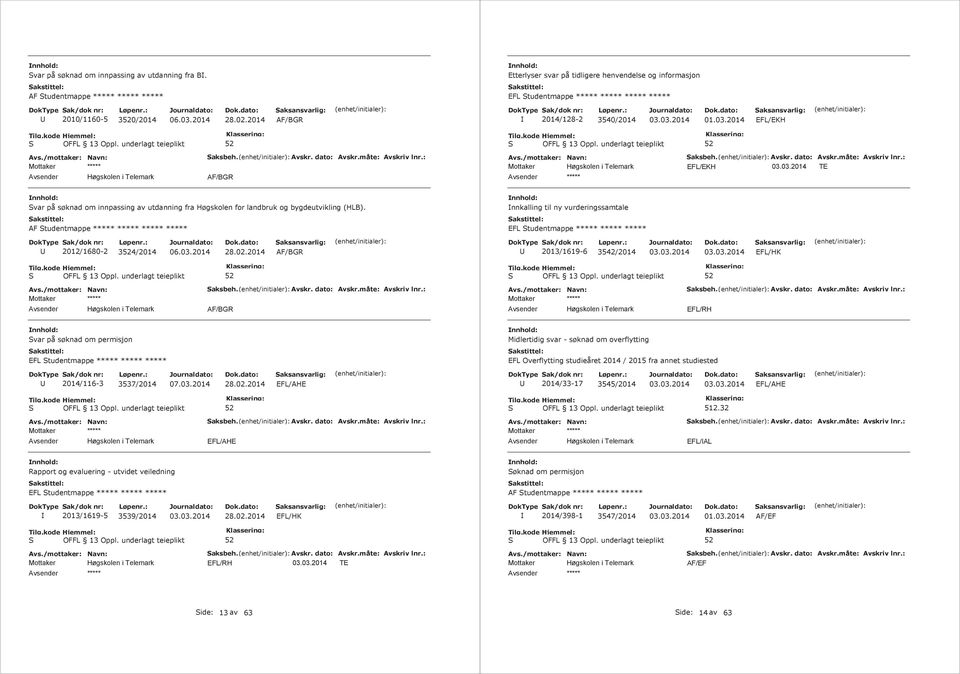 nnkalling til ny vurderingssamtale AF Studentmappe EFL Studentmappe 2012/1680-2 34/2014 AF/BGR 2013/1619-6 3542/2014 EFL/HK AF/BGR EFL/RH Svar på søknad om permisjon Midlertidig svar - søknad om