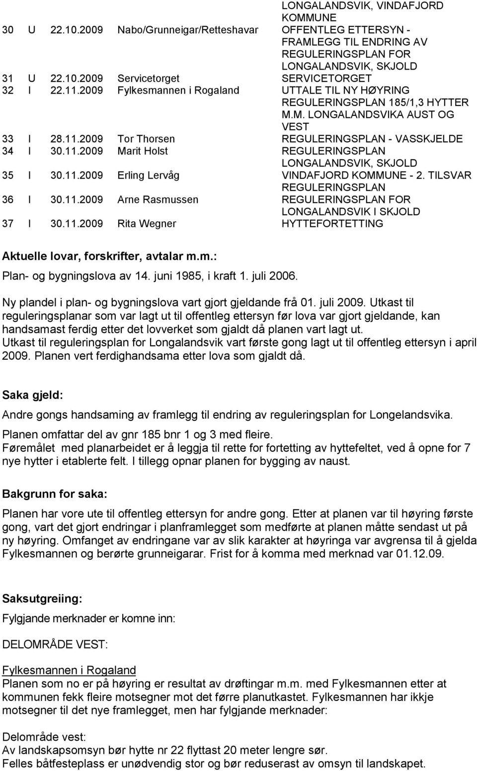 11.2009 Erling Lervåg VINDAFJORD KOMMUNE - 2. TILSVAR REGULERINGSPLAN 36 I 30.11.2009 Arne Rasmussen LONGALANDSVIK I SKJOLD 37 I 30.11.2009 Rita Wegner HYTTEFORTETTING Aktuelle lovar, forskrifter, avtalar m.