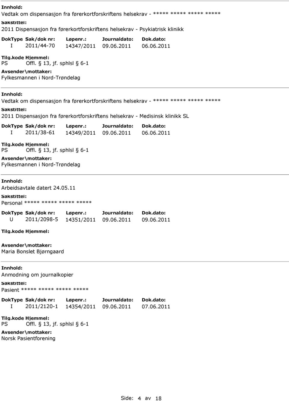 06.2011 Vedtak om dispensasjon fra førerkortforskriftens helsekrav - ***** ***** ***** ***** 2011 Dispensasjon fra førerkortforskriftens helsekrav -