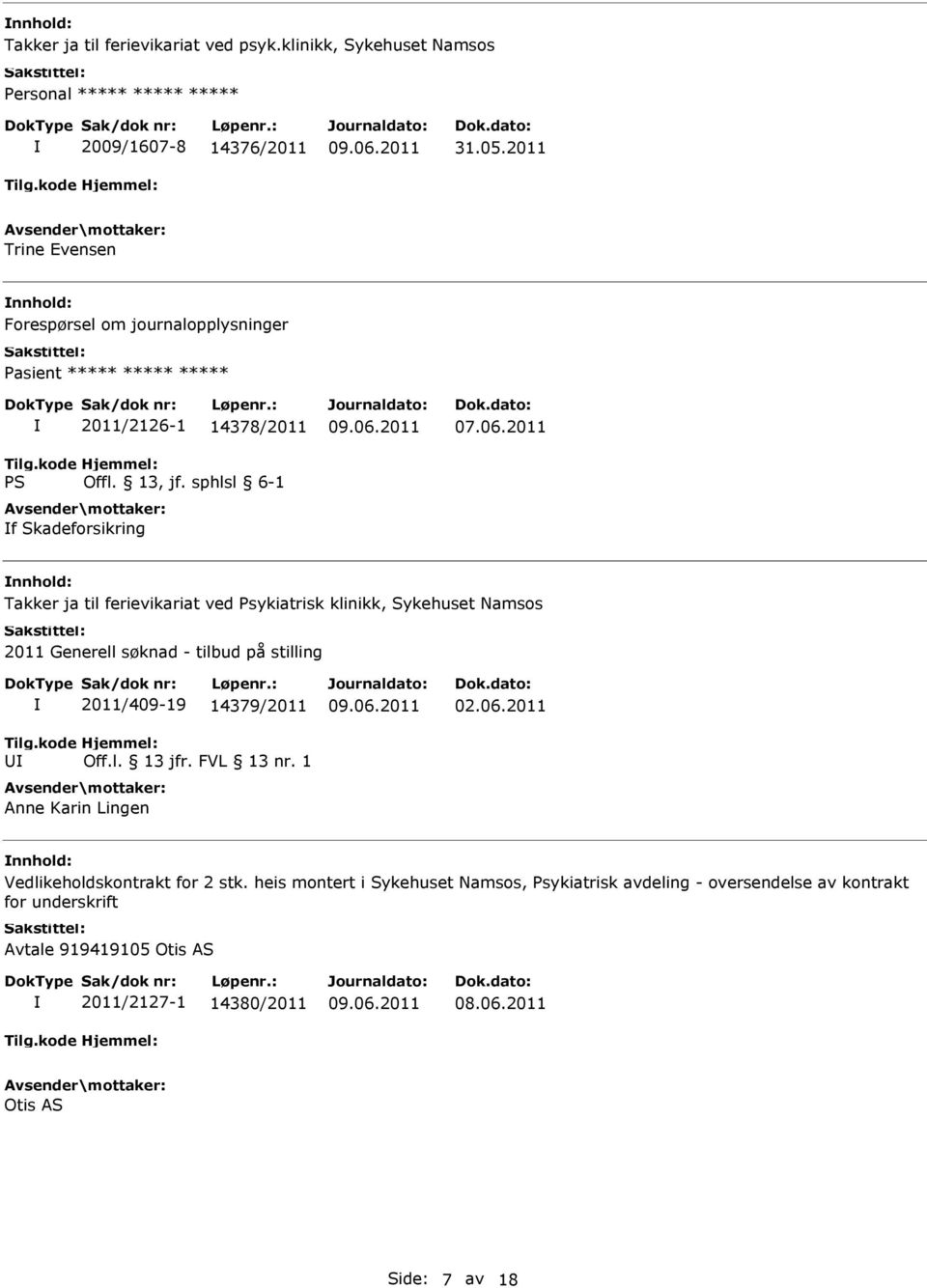 Psykiatrisk klinikk, Sykehuset Namsos 2011 Generell søknad - tilbud på stilling 2011/409-19 14379/2011 Off.l. 13 jfr. FVL 13 nr. 1 Anne Karin Lingen 02.