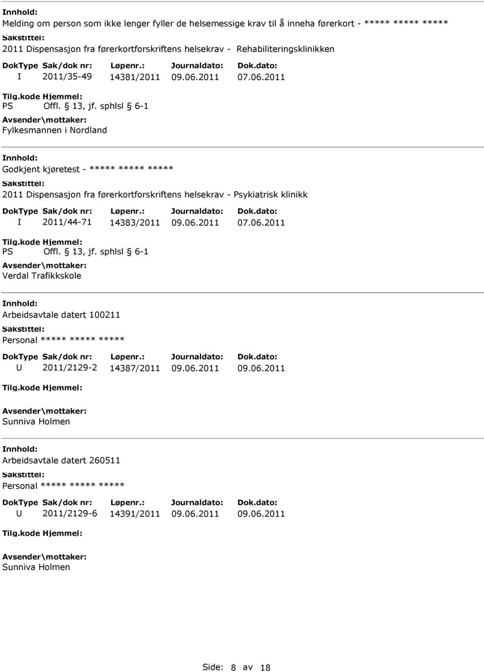 ***** ***** 2011 Dispensasjon fra førerkortforskriftens helsekrav - Psykiatrisk klinikk 2011/44-71 14383/2011 Verdal Trafikkskole