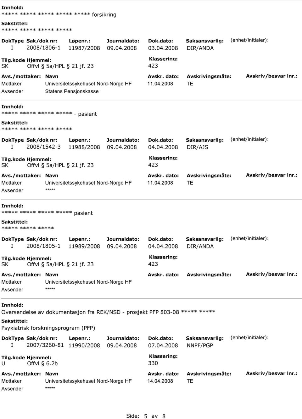 2008 TE Statens Pensjonskasse nnhold: - pasient 2008/1542-3 11988/2008 DR/AJS 11.04.