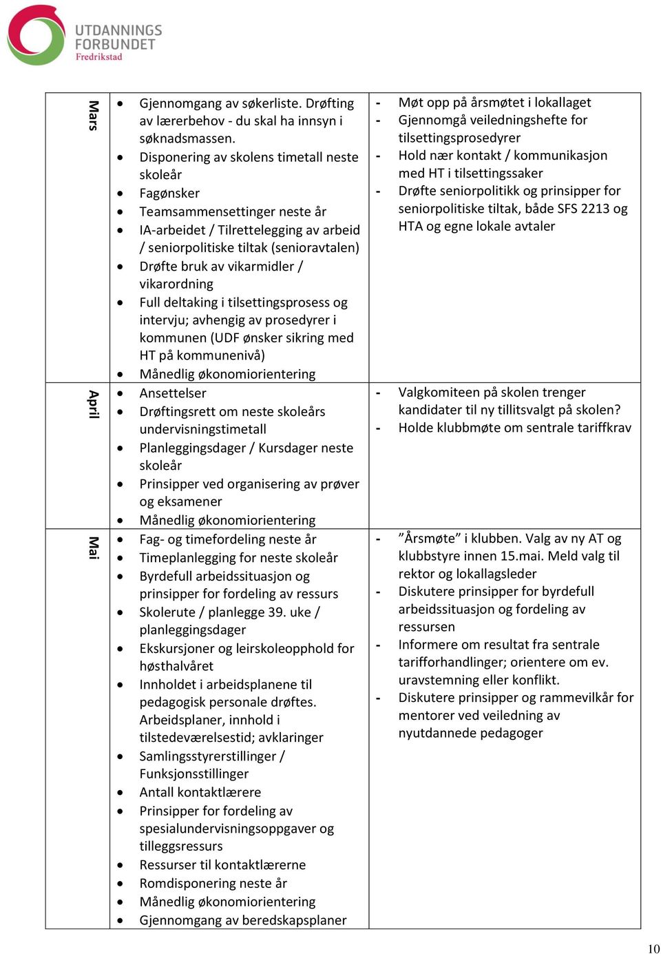 vikarordning Full deltaking i tilsettingsprosess og intervju; avhengig av prosedyrer i kommunen (UDF ønsker sikring med HT på kommunenivå) Ansettelser Drøftingsrett om neste skoleårs