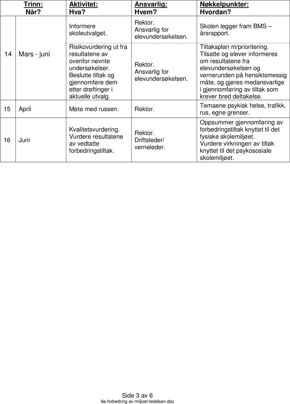 Driftsleder/ verneleder. Nøkkelpunkter: Hvordan? Skolen legger fram BMS årsrapport. Tiltaksplan m/prioritering.