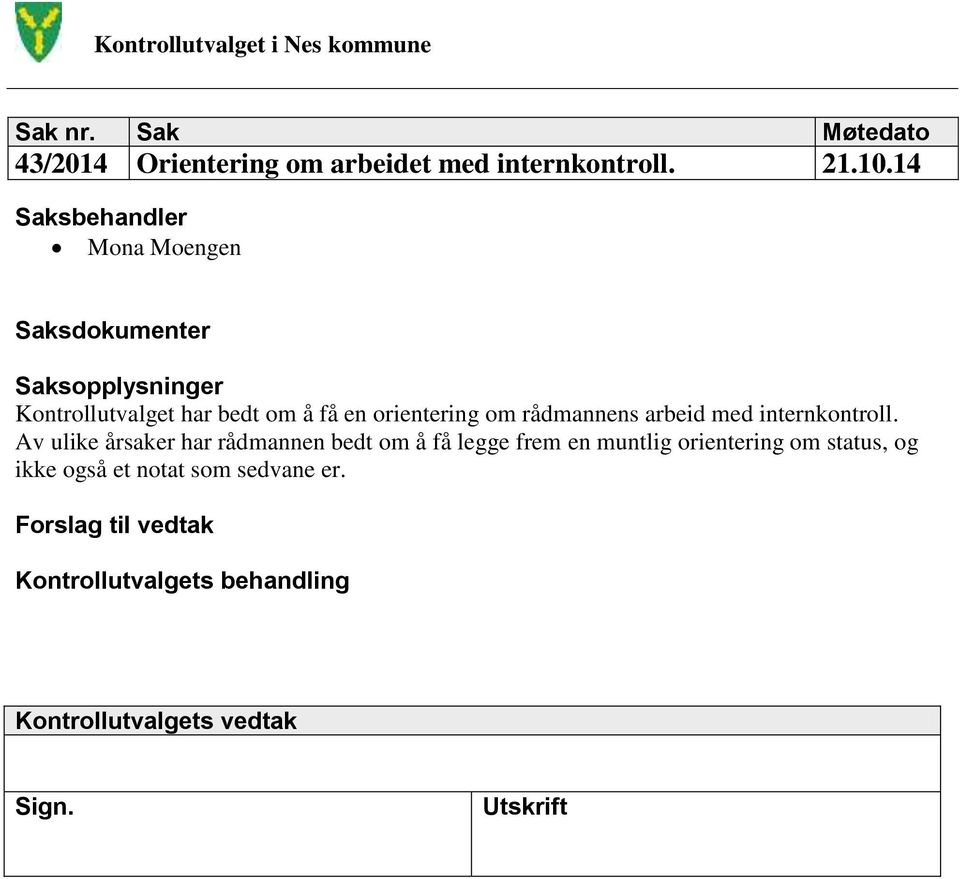 rådmannens arbeid med internkontroll.