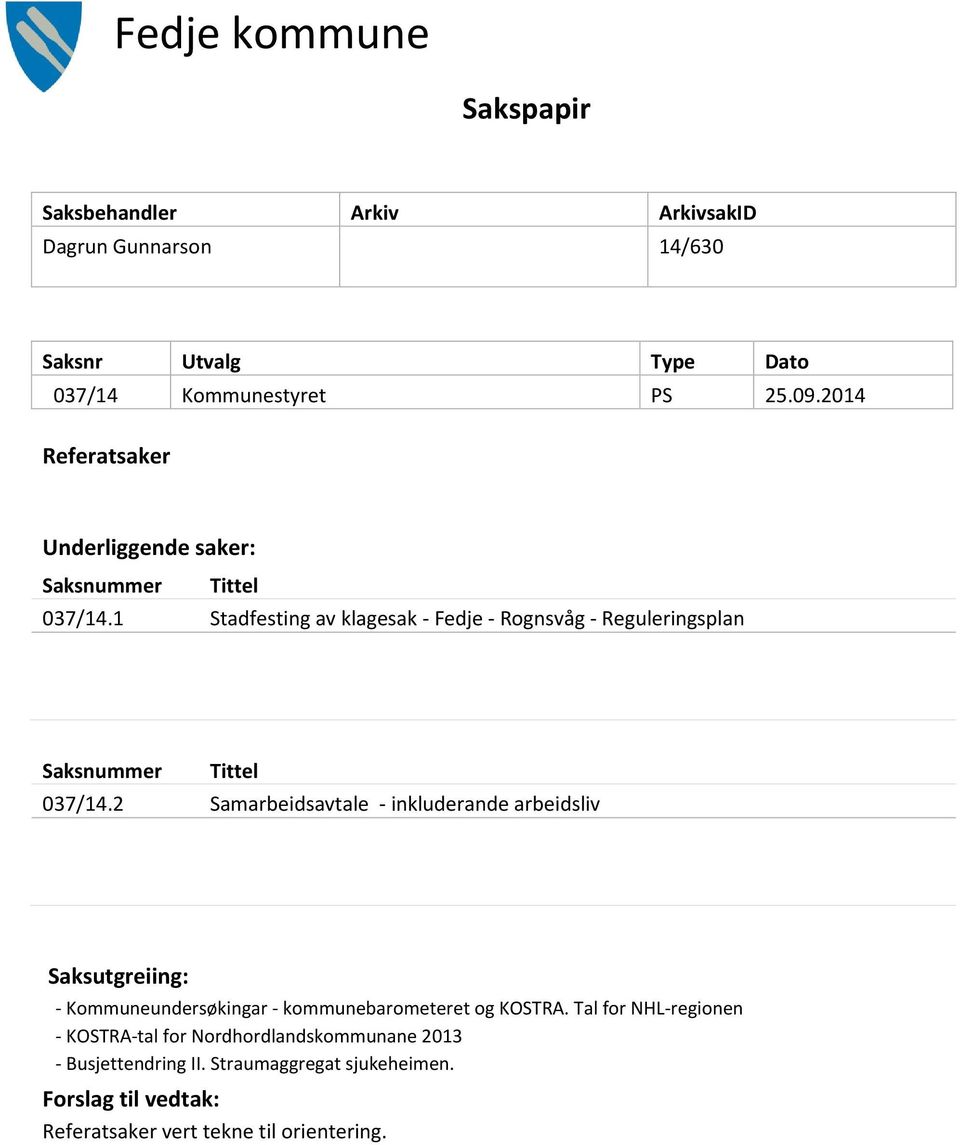 1 Stadfesting av klagesak - Fedje - Rognsvåg - Reguleringsplan Saksnummer Tittel 037/14.