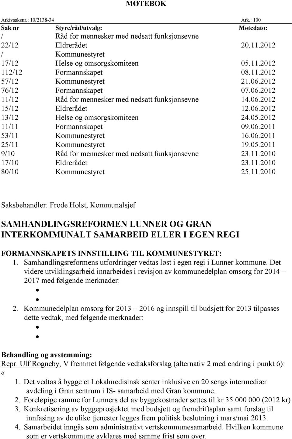 06.2012 15/12 Eldrerådet 12.06.2012 13/12 Helse og omsorgskomiteen 24.05.2012 11/11 Formannskapet 09.06.2011 53/11 Kommunestyret 16.06.2011 25/11 Kommunestyret 19.05.2011 9/10 Råd for mennesker med nedsatt funksjonsevne 23.