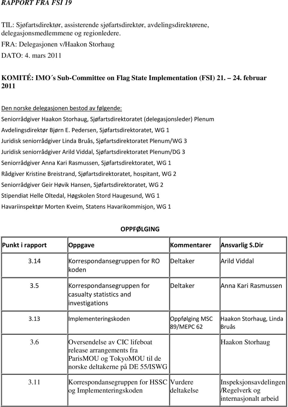 februar 2011 Den norske delegasjonen bestod av følgende: Seniorrådgiver Haakon Storhaug, Sjøfartsdirektoratet (delegasjonsleder) Plenum Avdelingsdirektør Bjørn E.