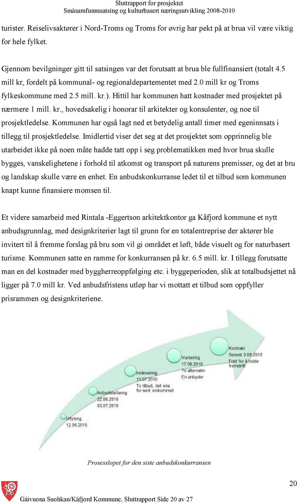 5 mill. kr.). Hittil har kommunen hatt kostnader med prosjektet på nærmere 1 mill. kr., hovedsakelig i honorar til arkitekter og konsulenter, og noe til prosjektledelse.