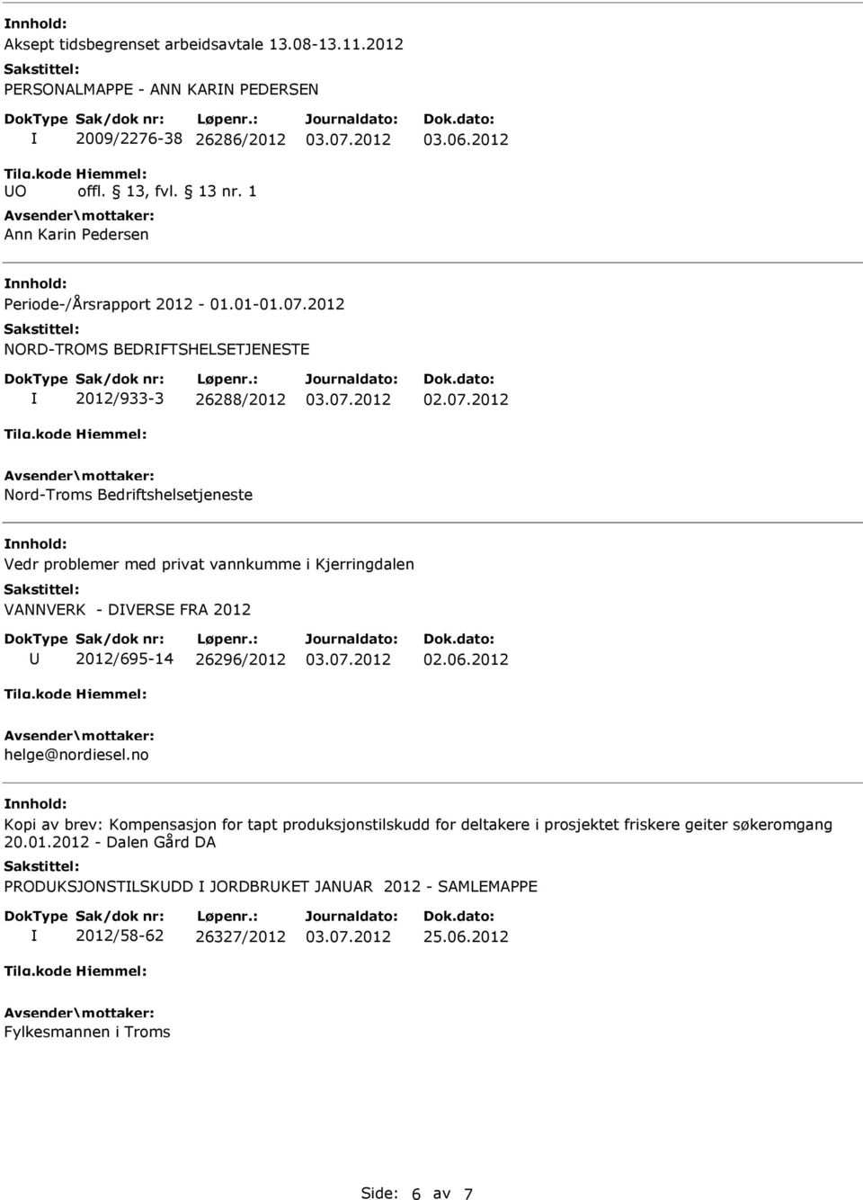 2012 NORD-TROMS BDRFTSHLSTJNST 2012/933-3 26288/2012 Nord-Troms Bedriftshelsetjeneste Vedr problemer med privat vannkumme i Kjerringdalen VANNVRK - DVRS