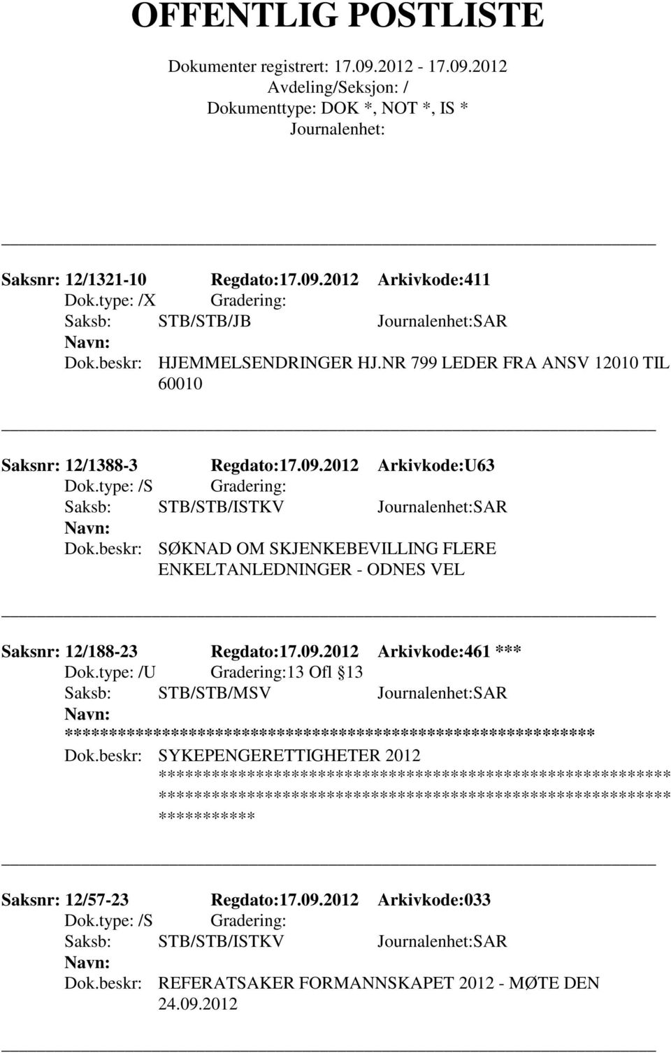 beskr: SØKNAD OM SKJENKEBEVILLING FLERE ENKELTANLEDNINGER - ODNES VEL Saksnr: 12/188-23 Regdato:17.09.2012 Arkivkode:461 *** Dok.