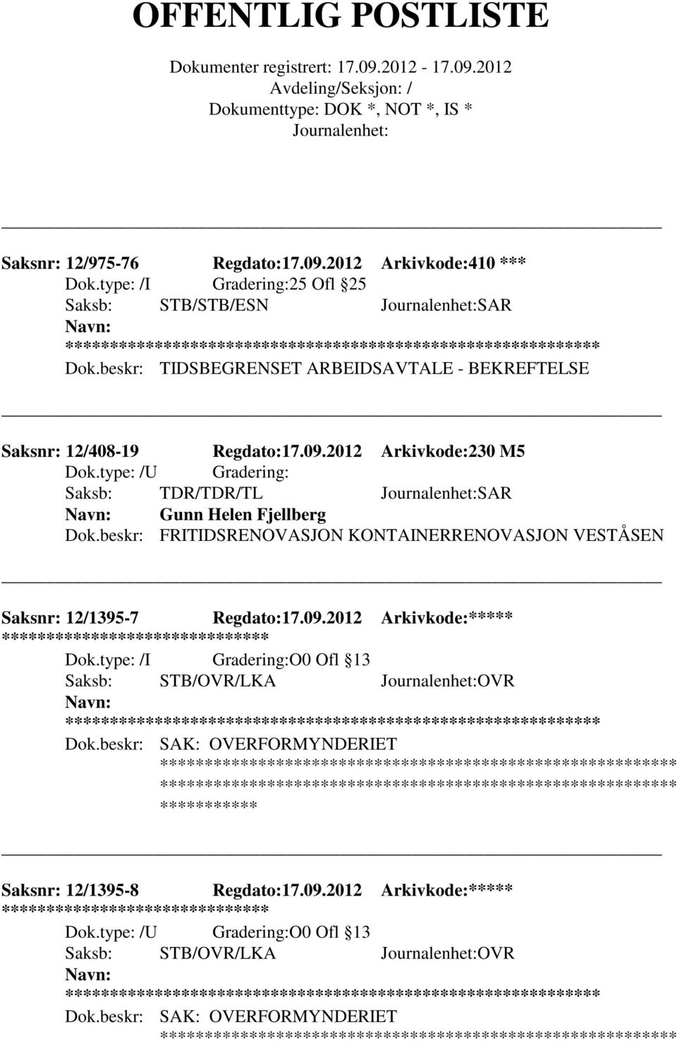 beskr: FRITIDSRENOVASJON KONTAINERRENOVASJON VESTÅSEN Saksnr: 12/1395-7 Regdato:17.09.