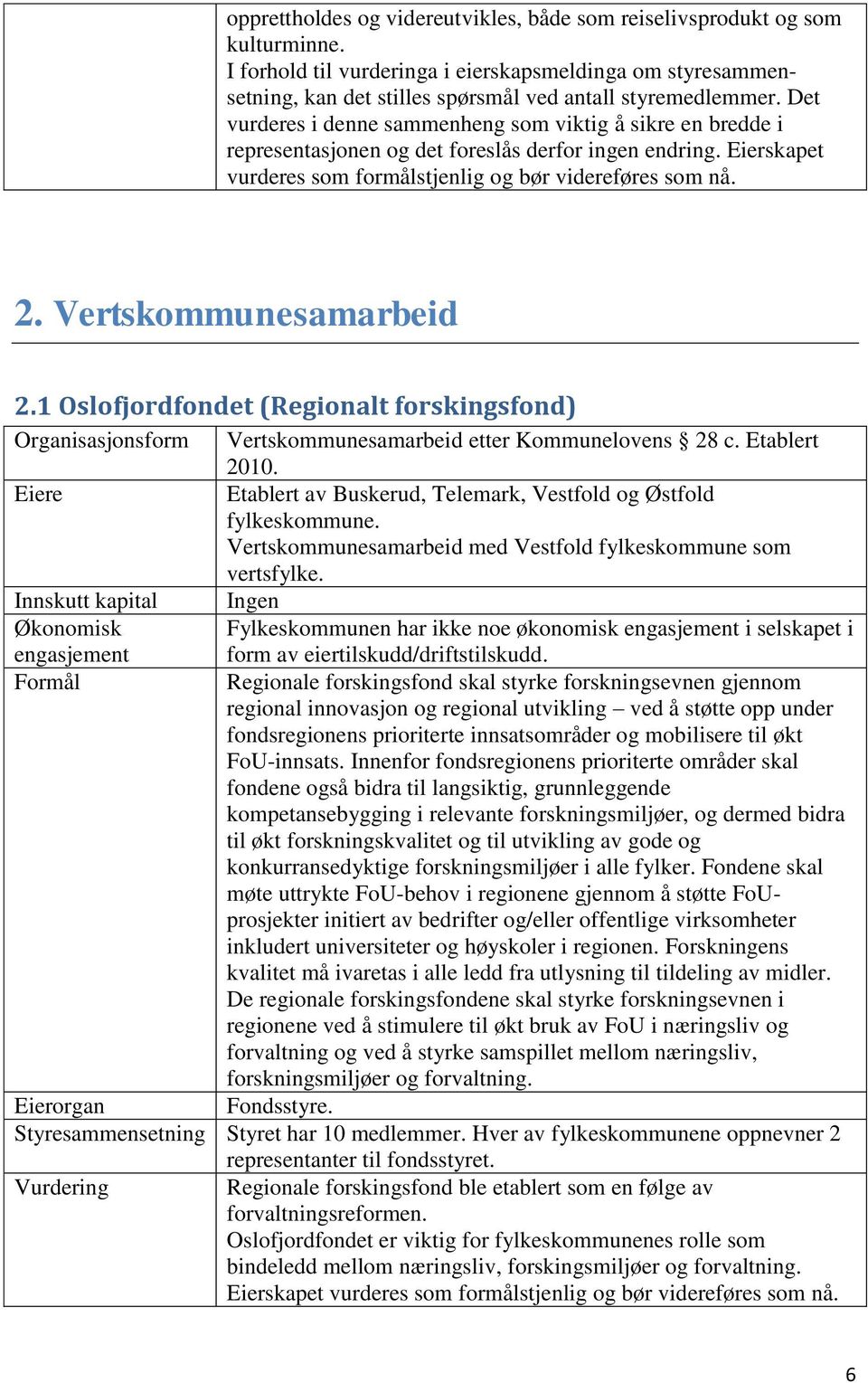 Vertskommunesamarbeid 2.1 Oslofjordfondet (Regionalt forskingsfond) Organisasjonsform Vertskommunesamarbeid etter Kommunelovens 28 c. Etablert 2010.