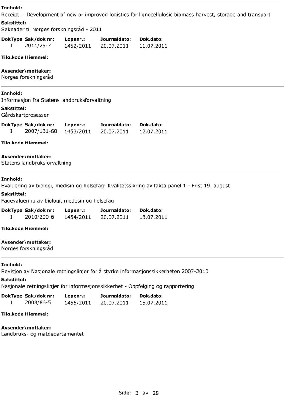 131-60 1453/2011 12.07.2011 Statens landbruksforvaltning Evaluering av biologi, medisin og helsefag: Kvalitetssikring av fakta panel 1 - Frist 19.