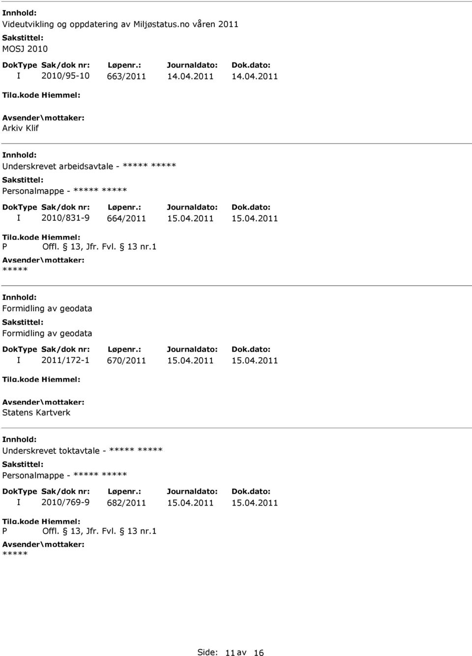 arbeidsavtale - ersonalmappe - 2010/831-9 664/2011 nnhold: Formidling av geodata