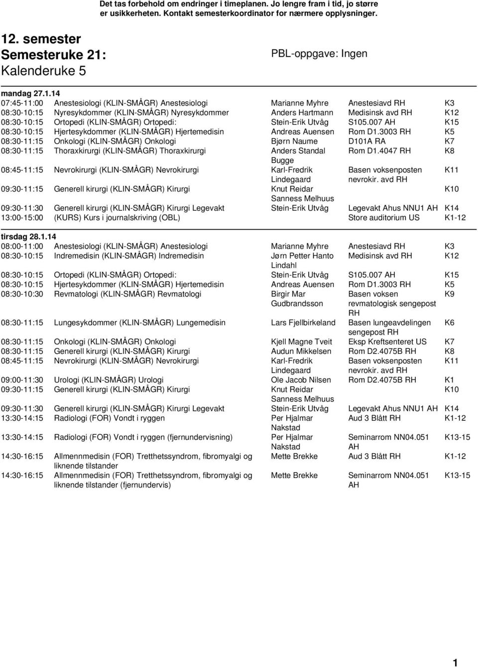 14 07:45-11:00 Anestesiologi (KLIN-SMÅGR) Anestesiologi Marianne Myhre Anestesiavd RH K3 08:30-10:15 Nyresykdommer (KLIN-SMÅGR) Nyresykdommer Anders Hartmann Medisinsk avd RH K12 08:30-10:15 Ortopedi