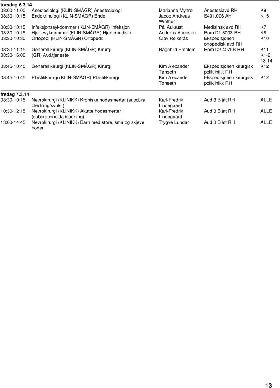 3003 RH K8 K10 08:30-11:15 Generell kirurgi (KLIN-SMÅGR) Kirurgi Ragnhild Emblem Rom D2.4075B RH K11 08:30-16:00 (GR) Avd.
