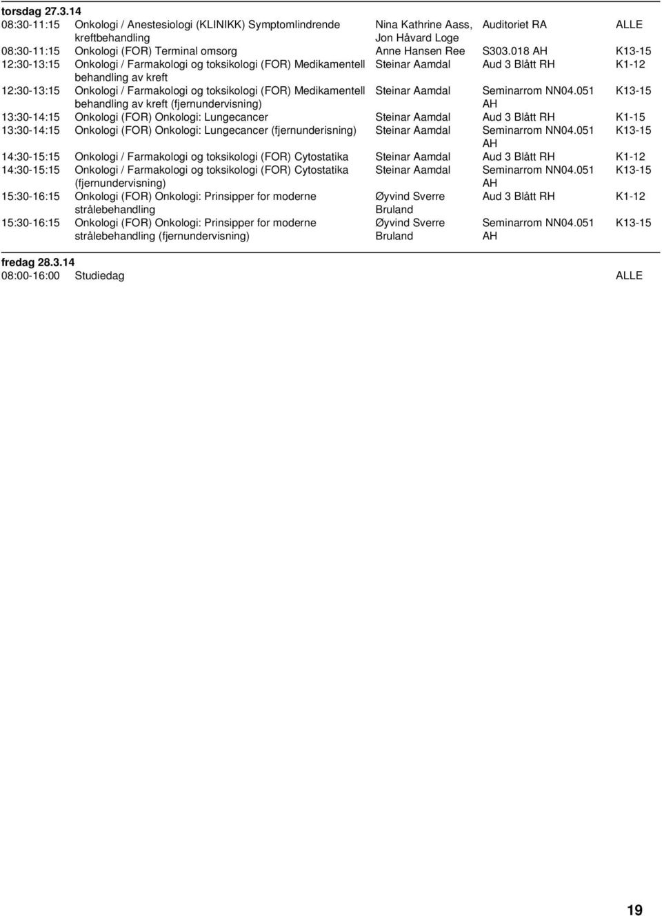 018 K13-15 12:30-13:15 Onkologi / Farmakologi og toksikologi (FOR) Medikamentell Steinar Aamdal Aud 3 Blått RH K1-12 behandling av kreft 12:30-13:15 Onkologi / Farmakologi og toksikologi (FOR)