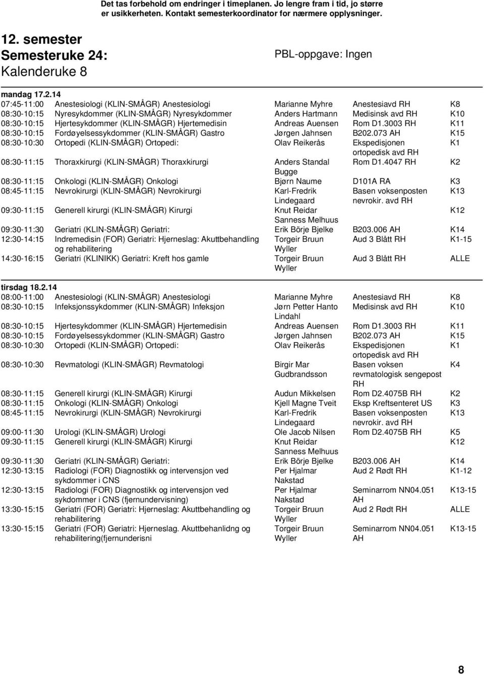 14 07:45-11:00 Anestesiologi (KLIN-SMÅGR) Anestesiologi Marianne Myhre Anestesiavd RH K8 08:30-10:15 Nyresykdommer (KLIN-SMÅGR) Nyresykdommer Anders Hartmann Medisinsk avd RH K10 08:30-10:15