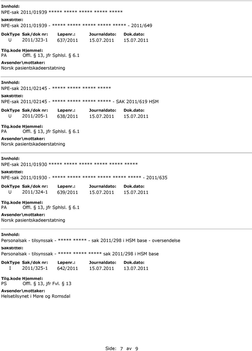 NPE-sak 2011/01930 - ***** ***** ***** ***** ***** ***** - 2011/635 2011/324-1 639/2011 Personalsak - tilsynssak - ***** ***** - sak 2011/298 i HSM base -