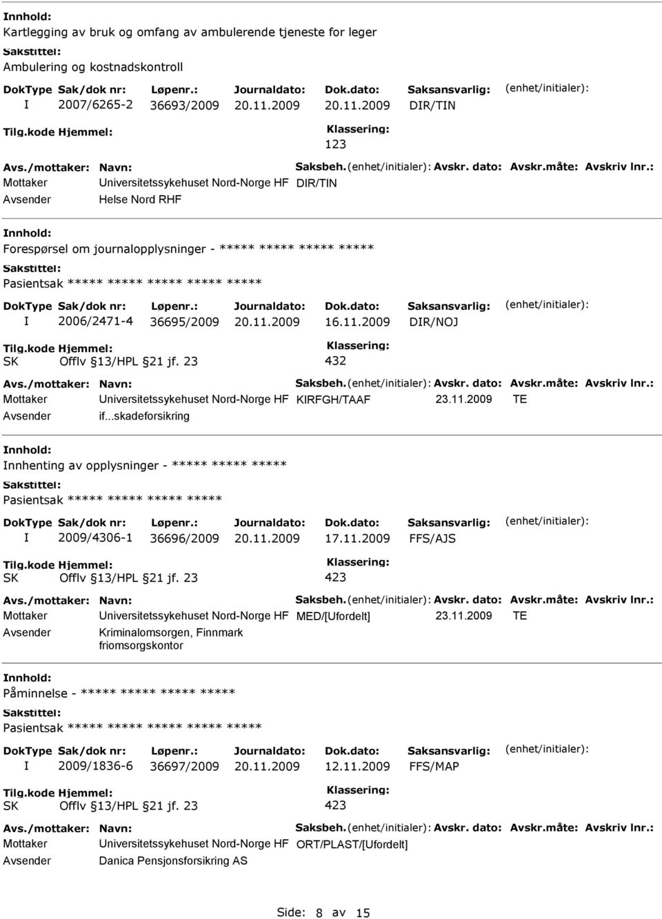 2009 DR/NOJ Mottaker niversitetssykehuset Nord-Norge HF KRFGH/TAAF if.