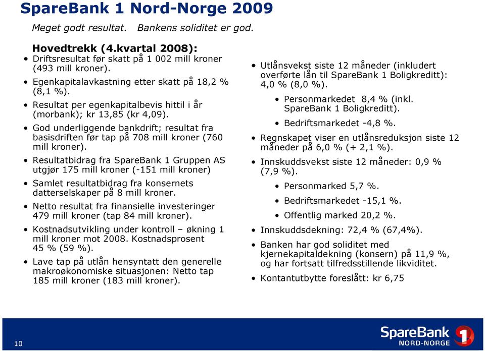 God underliggende bankdrift; resultat fra basisdriften før tap på 708 mill kroner (760 mill kroner).