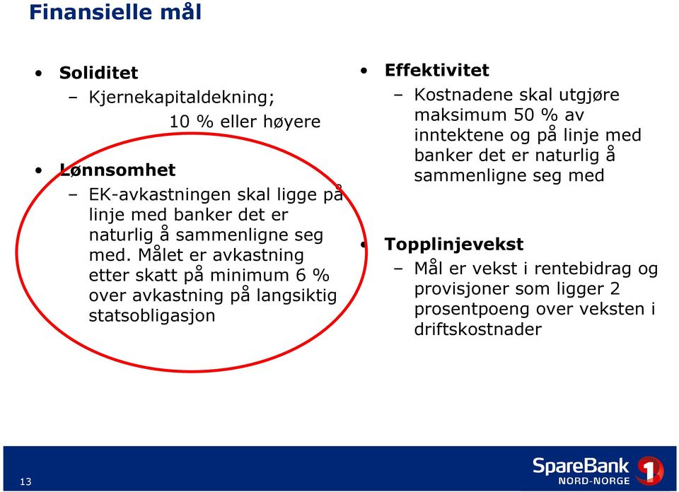 Målet er avkastning etter skatt på minimum 6 % over avkastning på langsiktig statsobligasjon Effektivitet Kostnadene skal