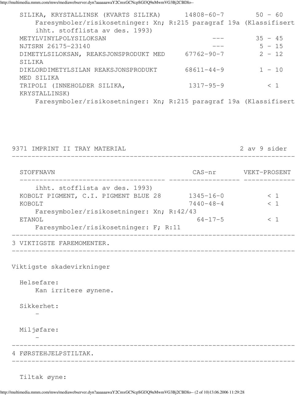 1993) METYLVINYLPOLYSILOKSAN 35 45 NJTSRN 2617523140 5 15 DIMETYLSILOKSAN, REAKSJONSPRODUKT MED 67762907 2 12 SILIKA DIKLORDIMETYLSILAN REAKSJONSPRODUKT 68611449 1 10 MED SILIKA TRIPOLI (INNEHOLDER