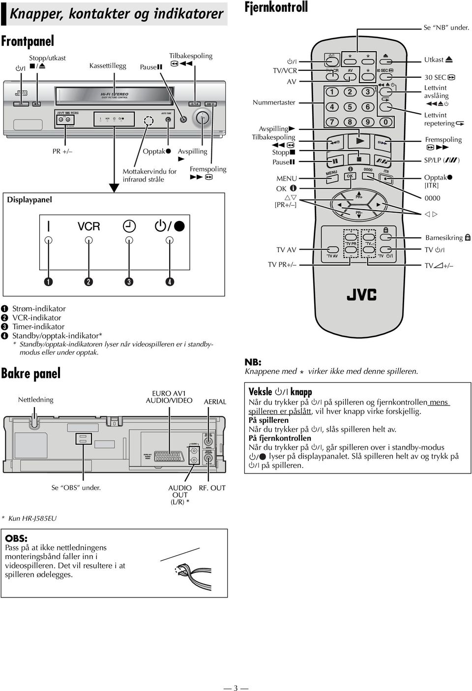 Opptak7 [ITR] Displaypanel Barnesikring A Strøm-indikator B VCR-indikator C Timer-indikator D Standby/opptak-indikator* * Standby/opptak-indikatoren lyser når videospilleren er i standbymodus eller