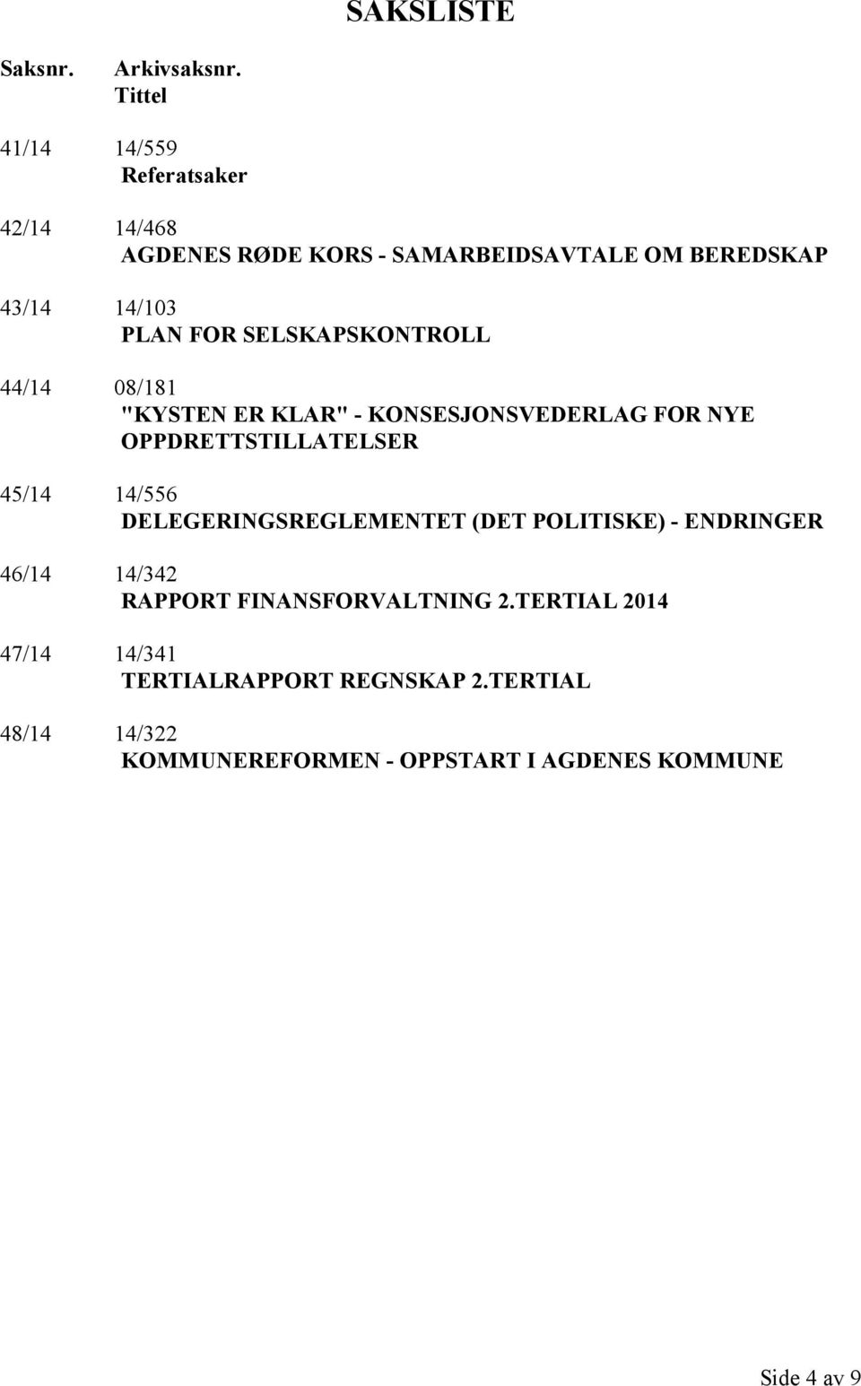 SELSKAPSKONTROLL 44/14 08/181 "KYSTEN ER KLAR" - KONSESJONSVEDERLAG FOR NYE OPPDRETTSTILLATELSER 45/14 14/556