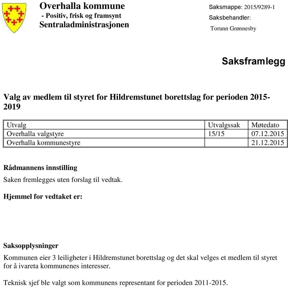 Hjemmel for vedtaket er: Kommunen eier 3 leiligheter i Hildremstunet borettslag og det skal velges et