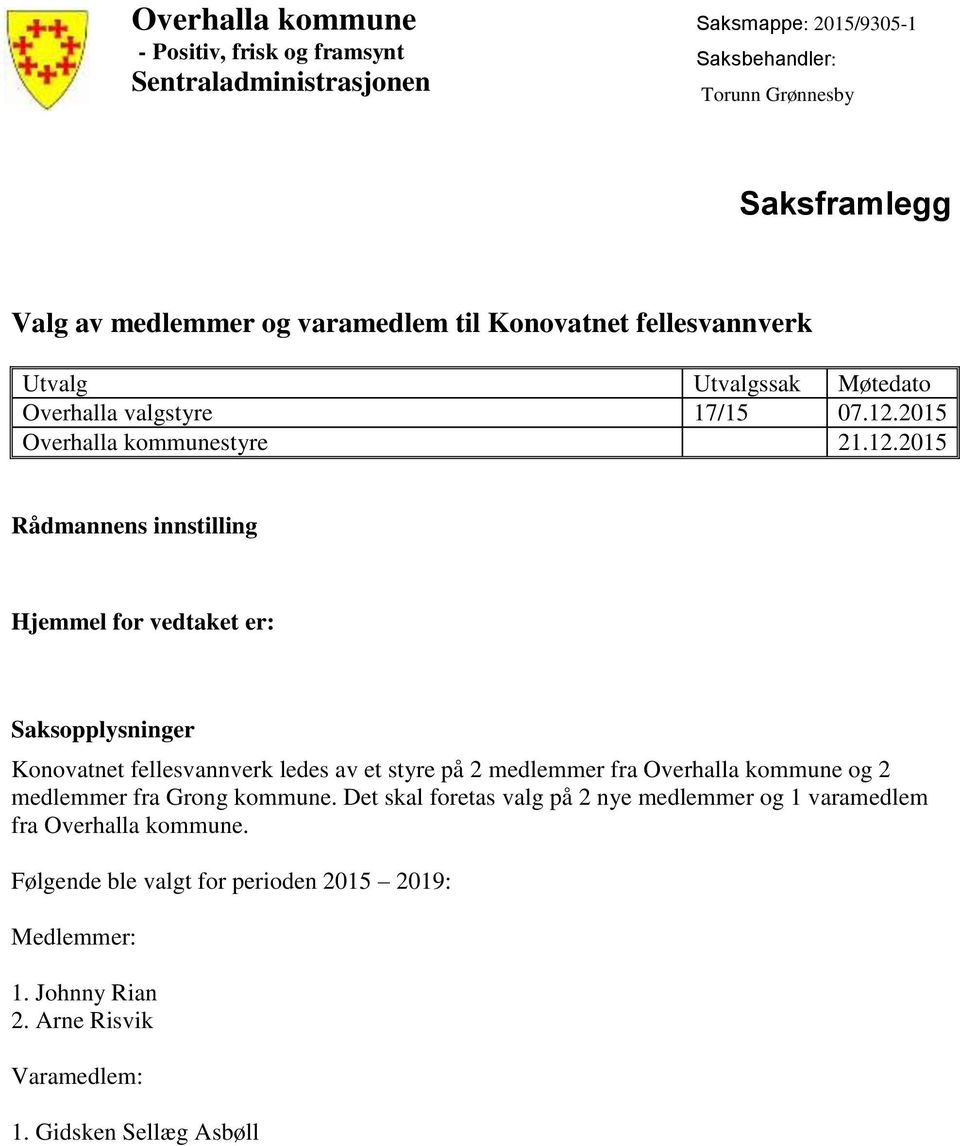 og 2 medlemmer fra Grong kommune. Det skal foretas valg på 2 nye medlemmer og 1 varamedlem fra Overhalla kommune.