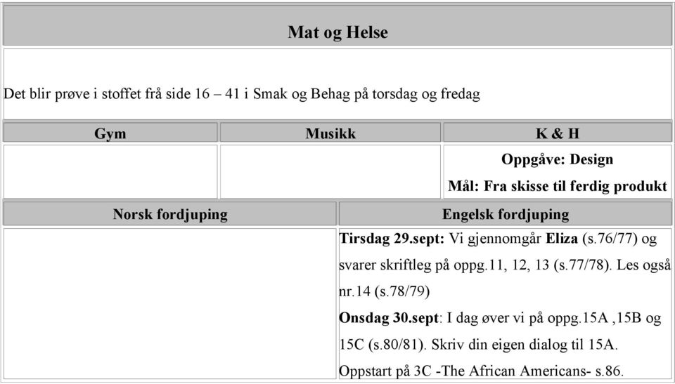 sept: Vi gjennomgår Eliza (s.76/77) og svarer skriftleg på oppg.11, 12, 13 (s.77/78). Les også nr.14 (s.