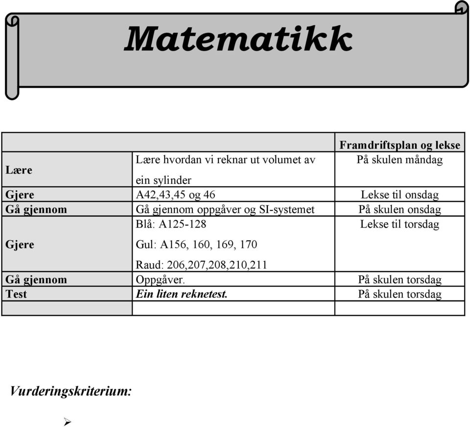 SI-systemet På skulen onsdag Blå: A125-128 Lekse til torsdag Gjere Gul: A156, 160, 169, 170