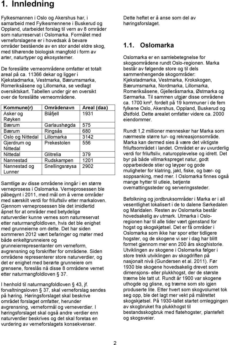 De foreslåtte verneområdene omfatter et totalt areal på ca. 11366 dekar og ligger i Kjekstadmarka, Vestmarka, Bærumsmarka, Romeriksåsene og Lillomarka, se vedlagt oversiktskart.