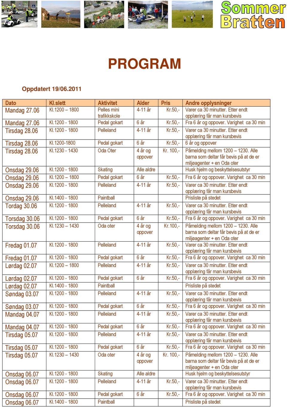 1230 1430 Oda oter Skating Alle aldre Kr.50, Kr.50, Andre opplysninger Fra og. Varighet ca 30 min og Husk hjelm og beskyttelsesutstyr Fra og. Varighet ca 30 min Fra og.