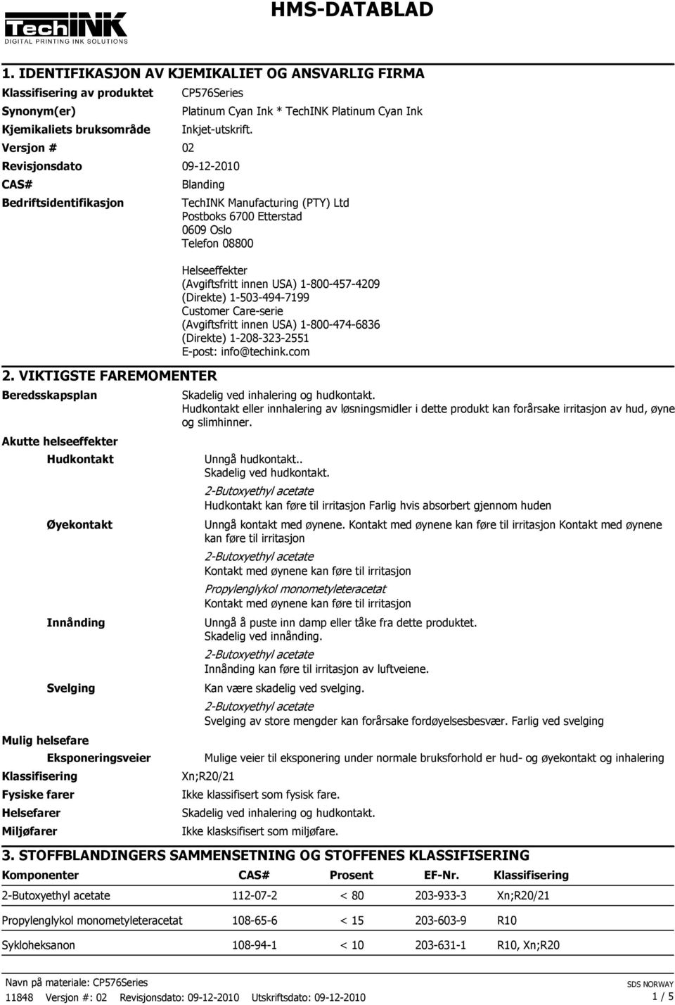 Inkjet-utskrift. Revisjonsdato 09-12-2010 CAS# Bedriftsidentifikasjon Blanding 2.