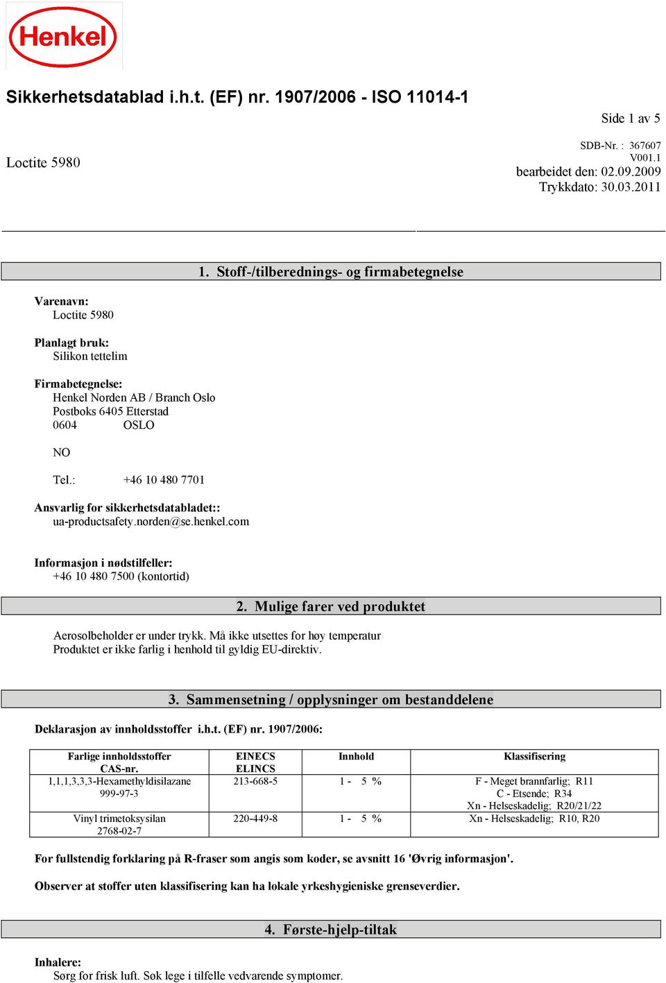 : +46 10 480 7701 Ansvarlig for sikkerhetsdatabladet:: ua-productsafety.norden@se.henkel.com Informasjon i nødstilfeller: +46 10 480 7500 (kontortid) 2.