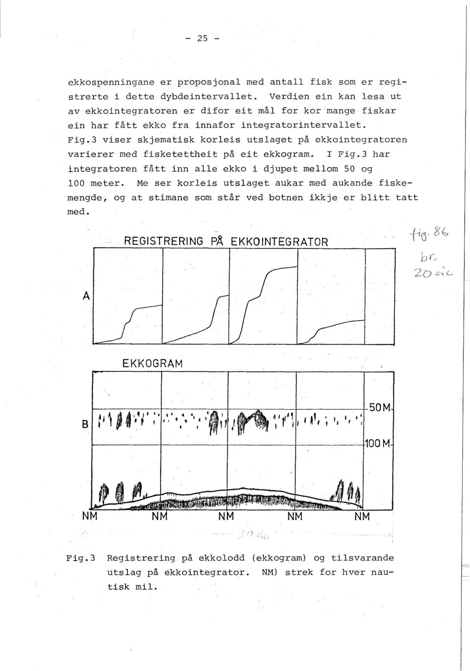 3 viser skjematisk korleis utslaget på ekkointegratoren varierer med fisketettheit p5 eit ekkogram. I Pig.