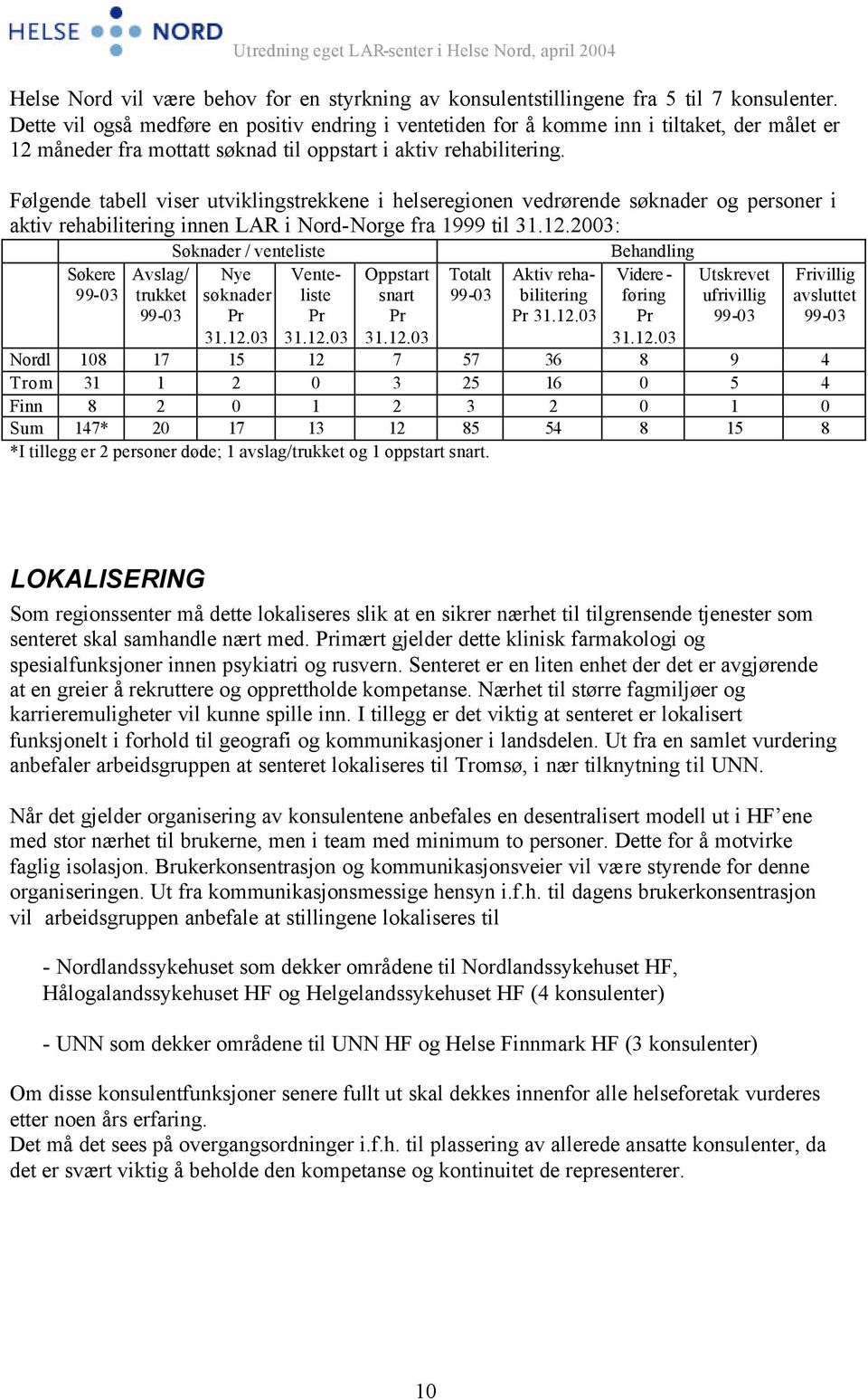 Følgende tabell viser utviklingstrekkene i helseregionen vedrørende søknader og personer i aktiv rehabilitering innen LAR i Nord-Norge fra 1999 til 31.12.